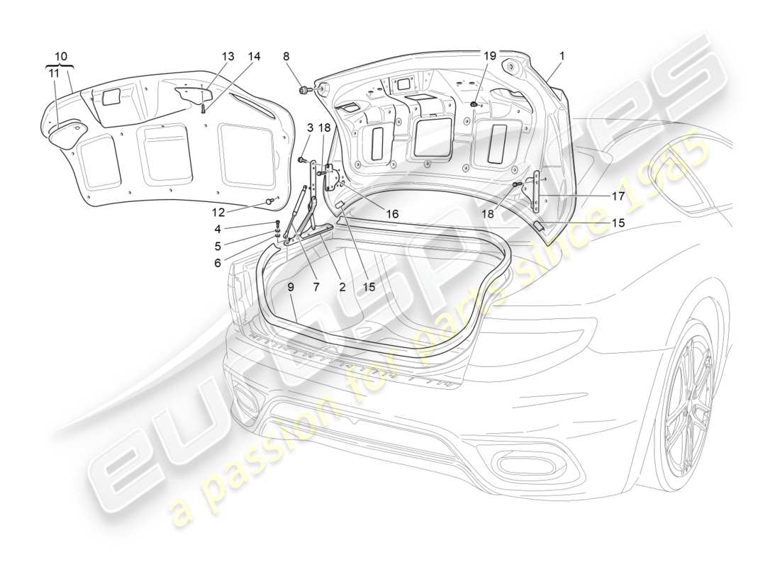 maserati granturismo s (2019) schema delle parti del coperchio posteriore