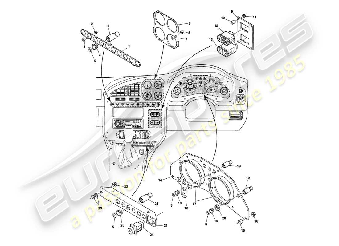 aston martin v8 volante (2000) diagramma delle parti di strumenti e controlli