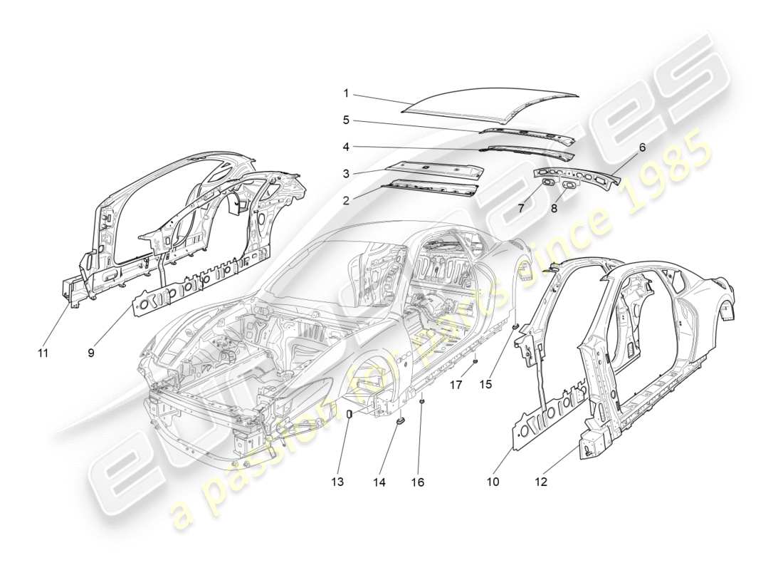 maserati granturismo (2012) carrozzeria e pannelli di rivestimento esterni centrali diagramma delle parti