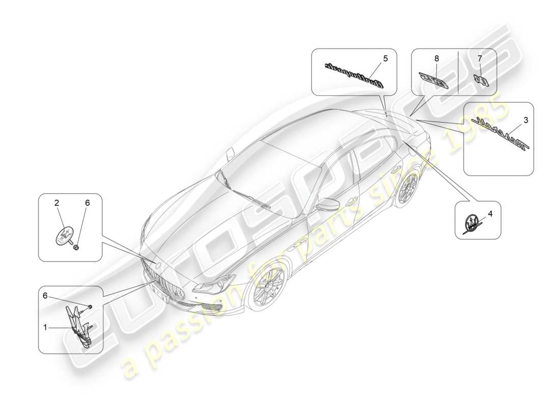 maserati qtp 3.0 bt v6 410hp (2014) diagramma delle parti di finiture, marchi e simboli