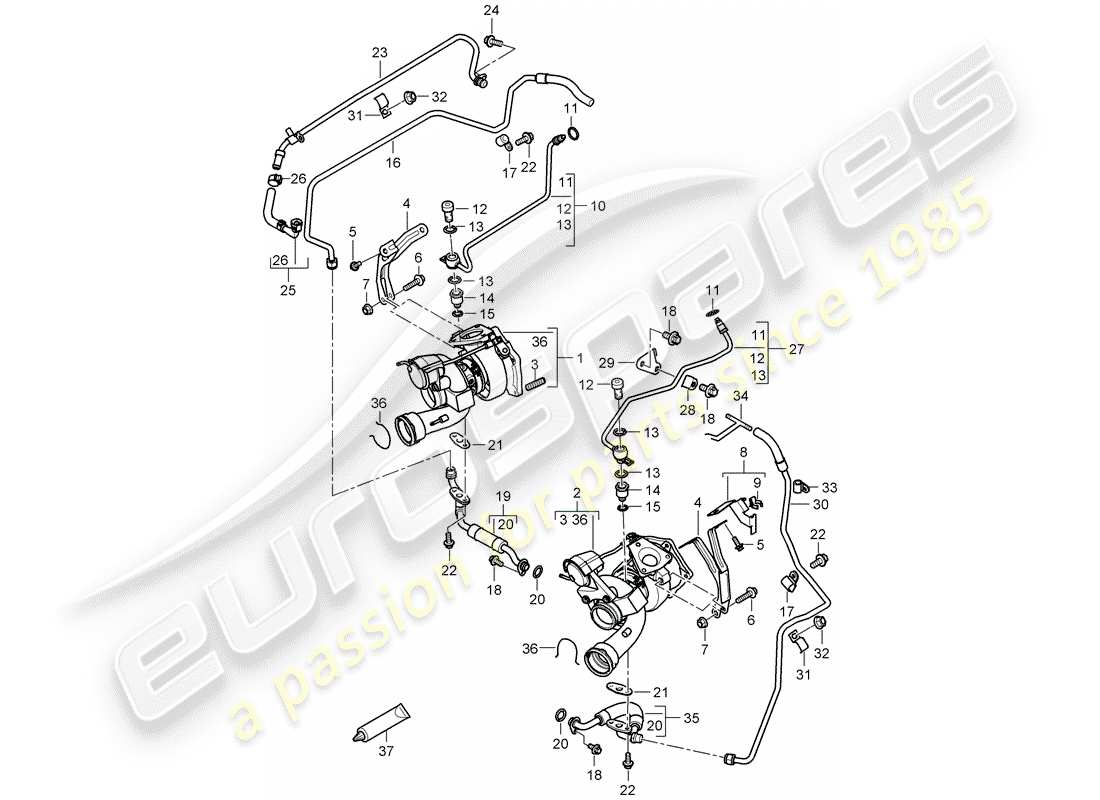 porsche 2010 (cayenne e1 9pa) turbocompressore gas di scarico diagramma delle parti
