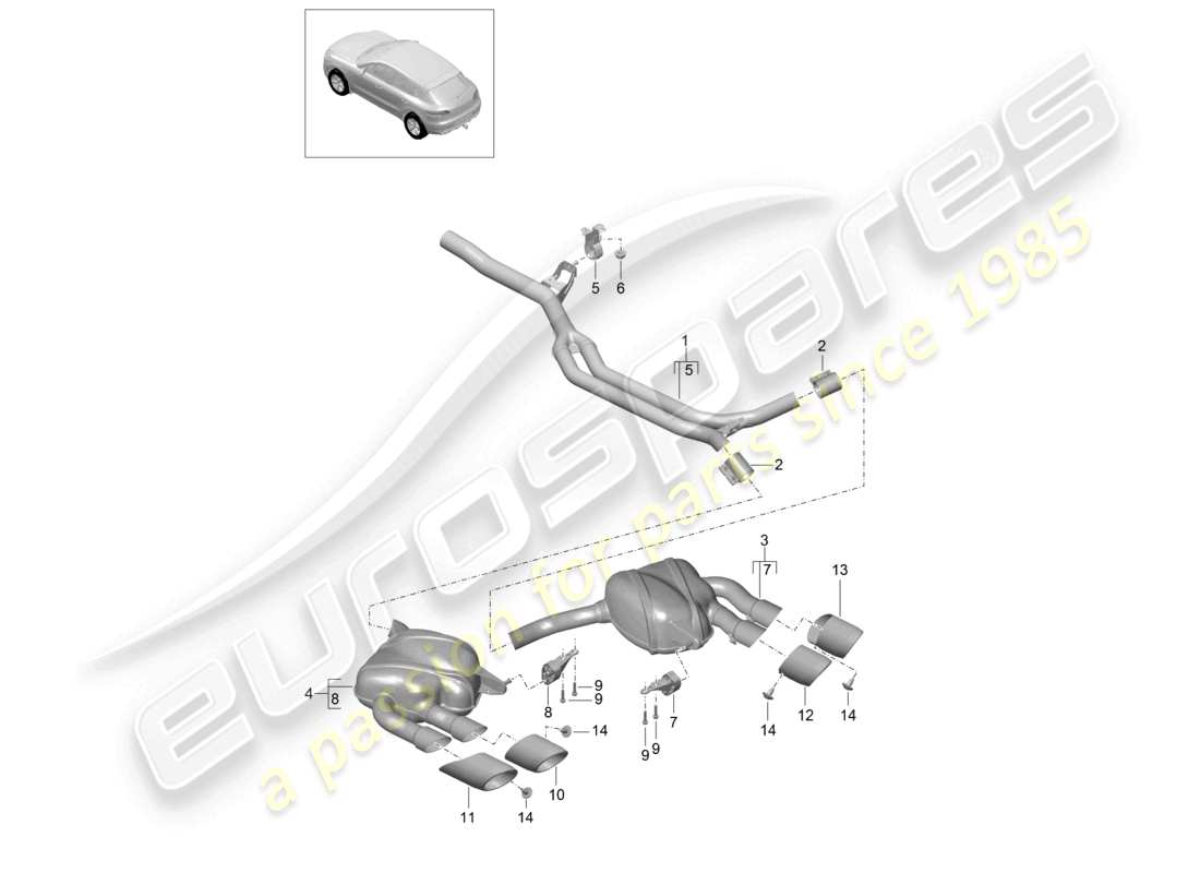 porsche 2017 (macan) sistema di scarico silenziatore anteriore silenziatore posteriore diagramma delle parti
