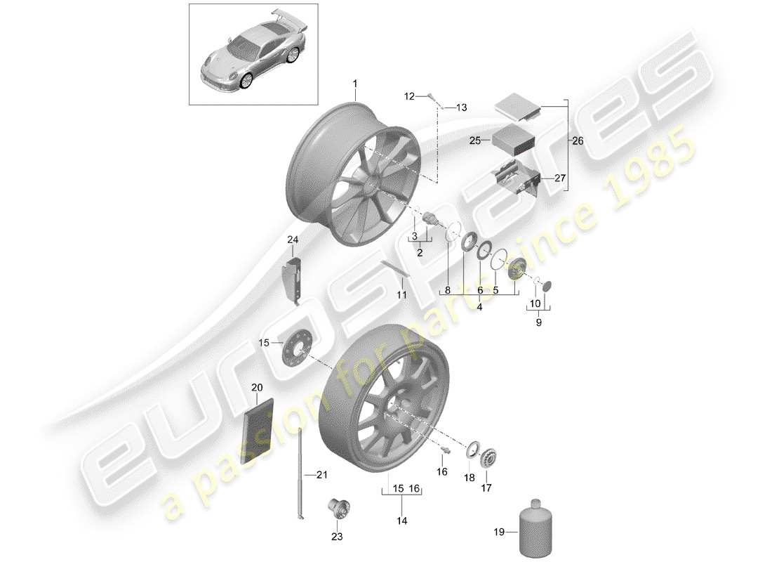 porsche 991 turbo (2019) diagramma delle parti del cerchio in lega
