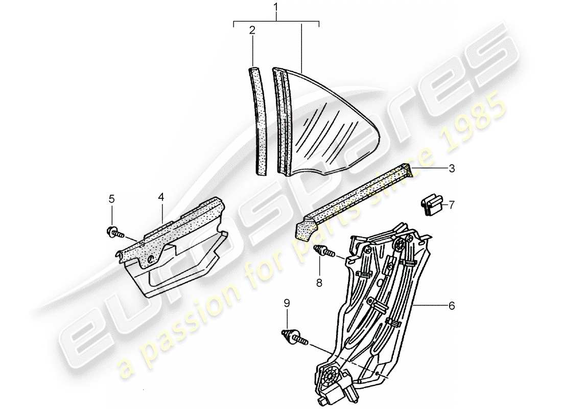 porsche 2003 (996 turbo / gt2) schema delle parti del finestrino laterale
