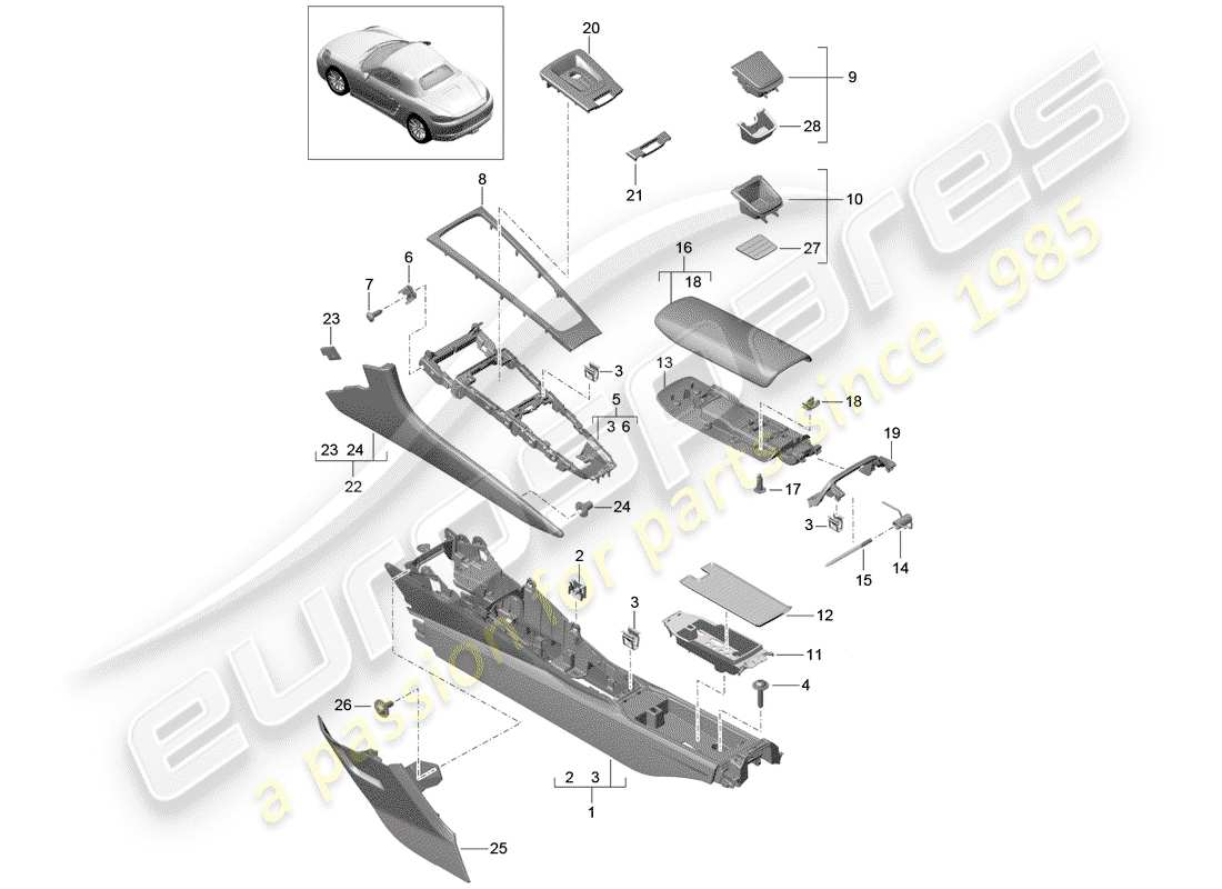 porsche 718 boxster (2020) schema delle parti della console centrale