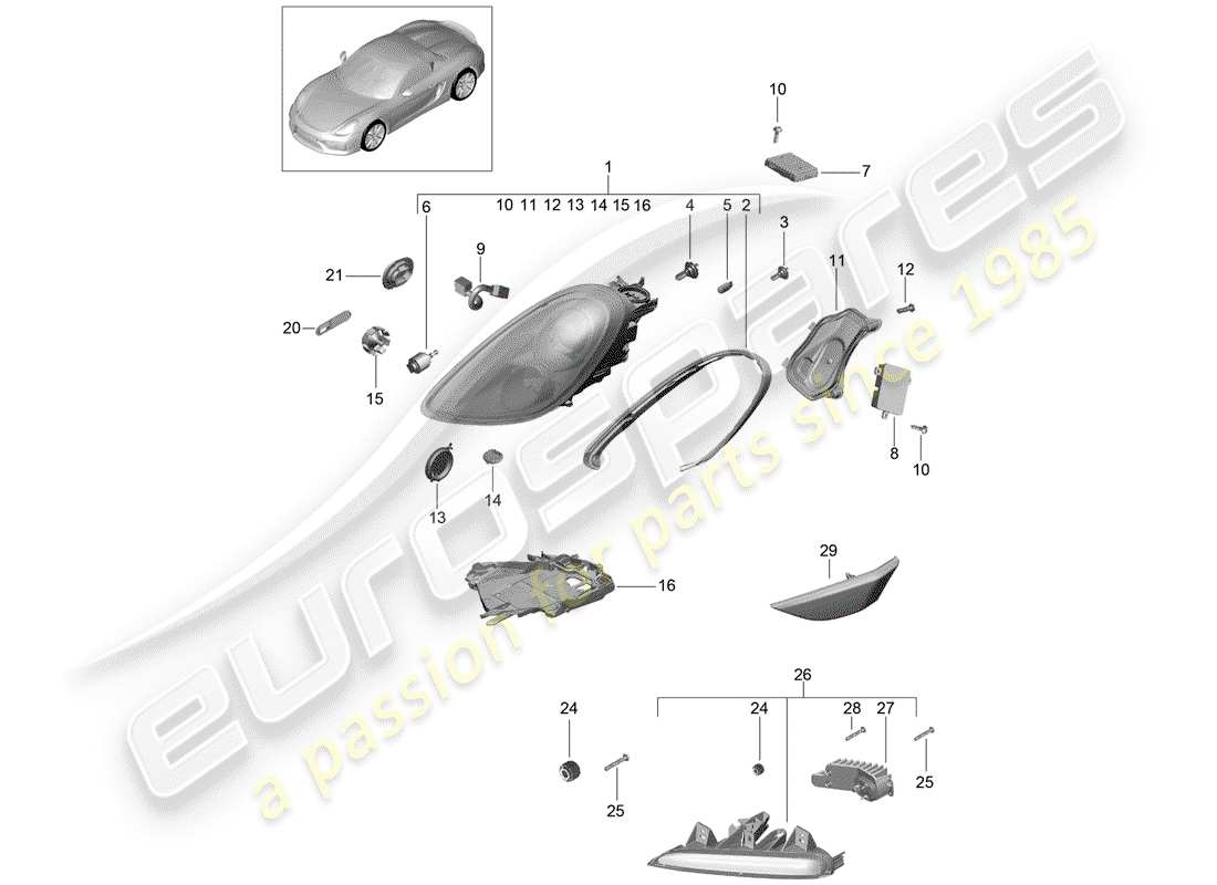porsche 2016 (981 boxster spyder) diagramma delle parti del faro