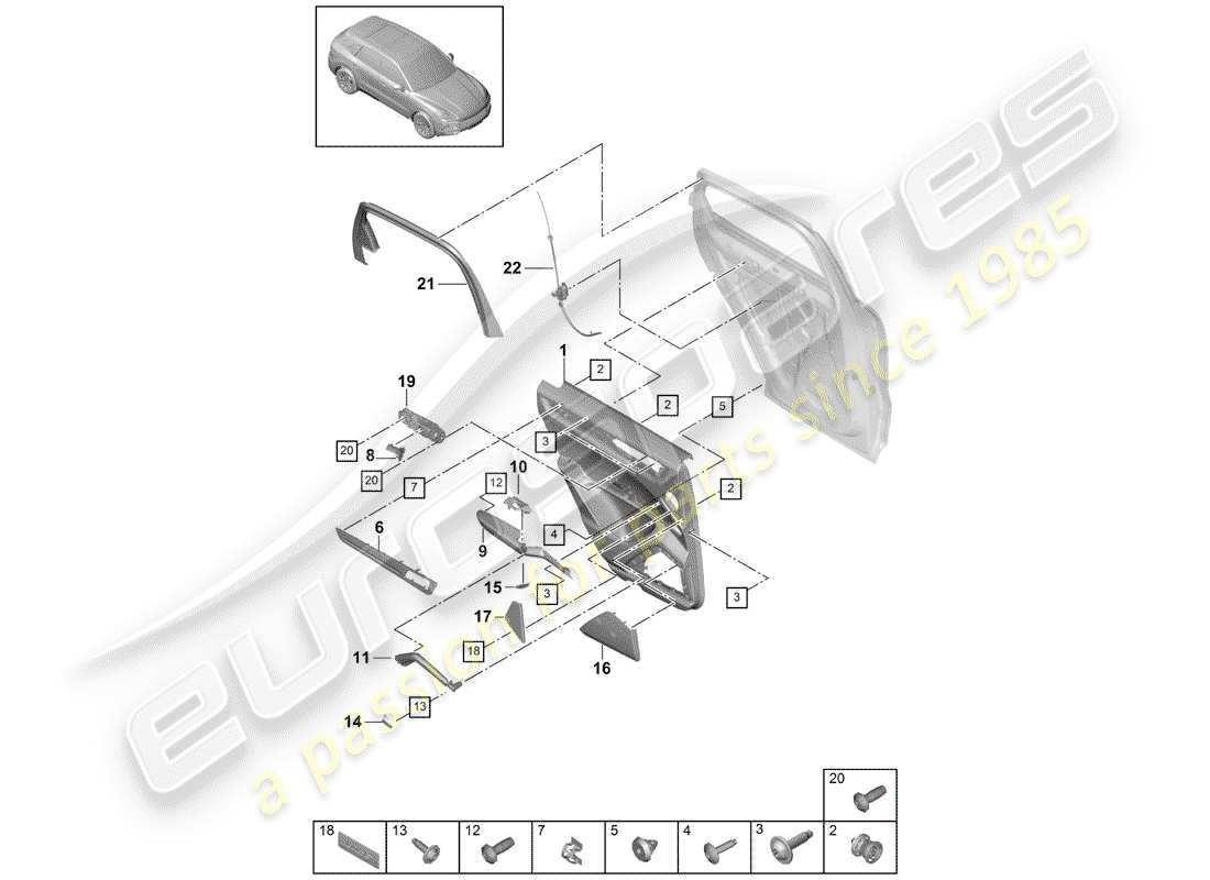 porsche 2020 (cayenne e3 9ya/9yb) schema delle parti del pannello della porta
