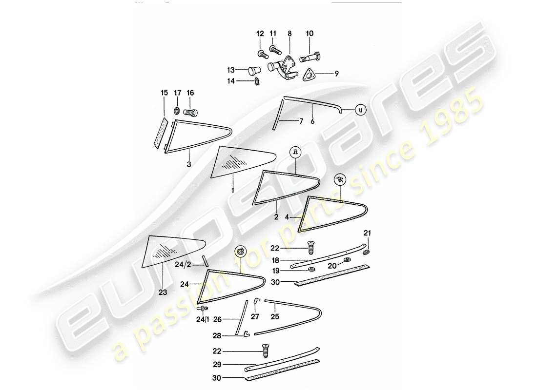 porsche 1977 (911) vetri della finestra diagramma delle parti