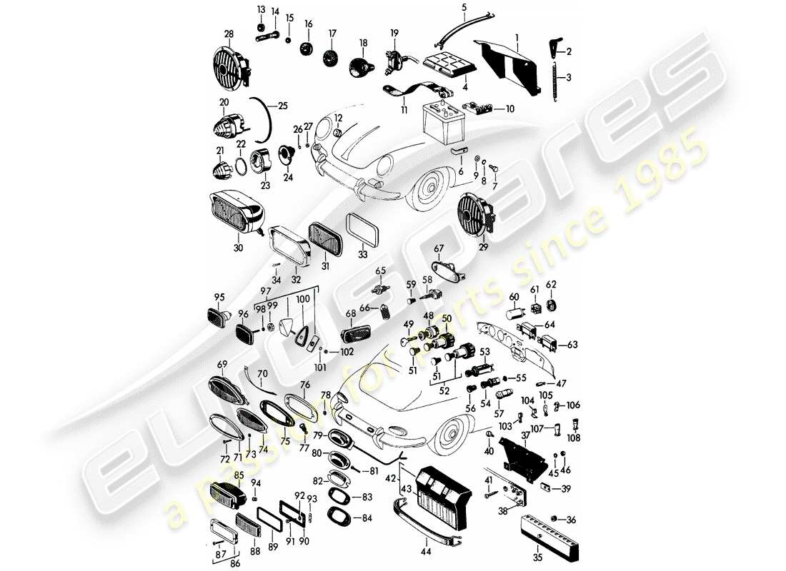 porsche 1963 (356b/356c) fari - e - interruttore - batteria schema delle parti