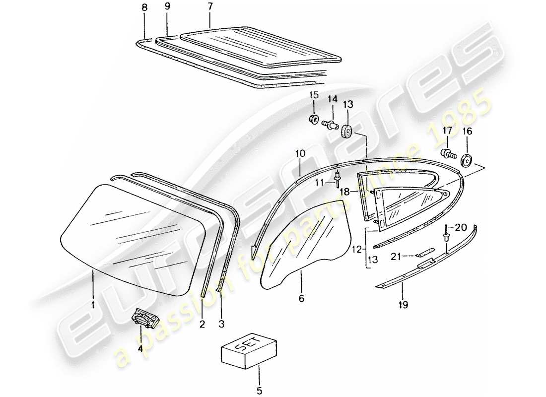 porsche 2004 (996 turbo / gt2) vetri da finestra diagramma delle parti