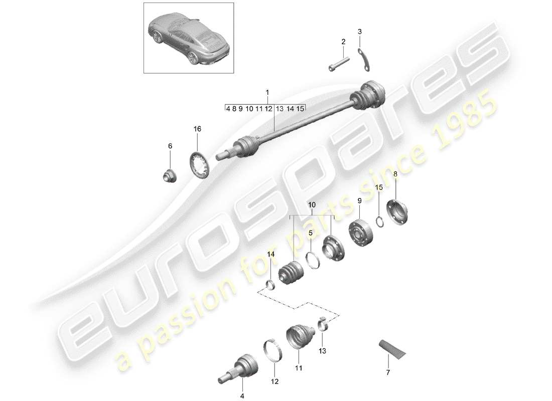 porsche 991 turbo (2019) diagramma delle parti dell'albero di trasmissione