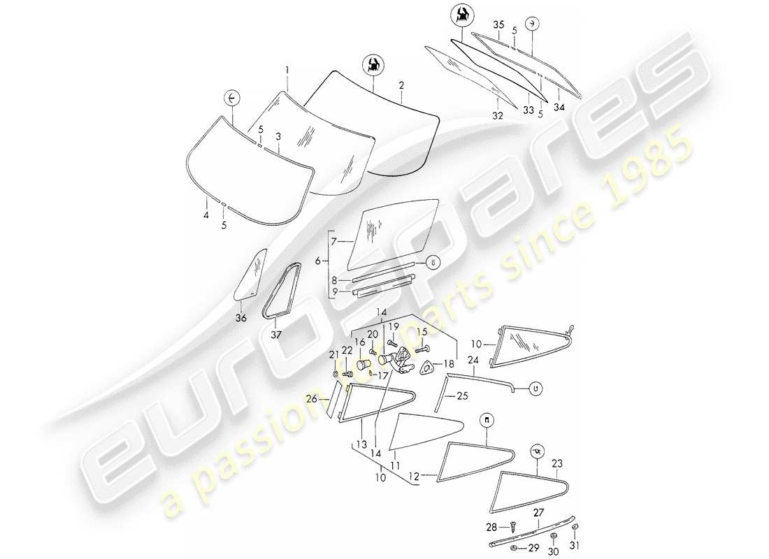 porsche 1971 (911) vetri della finestra diagramma delle parti