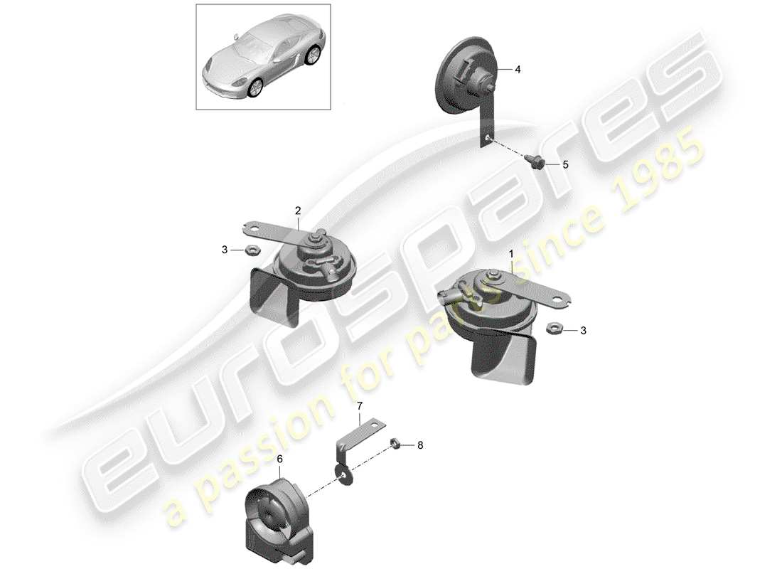 porsche 2017 (718 cayman) diagramma delle parti del corno della fanfara
