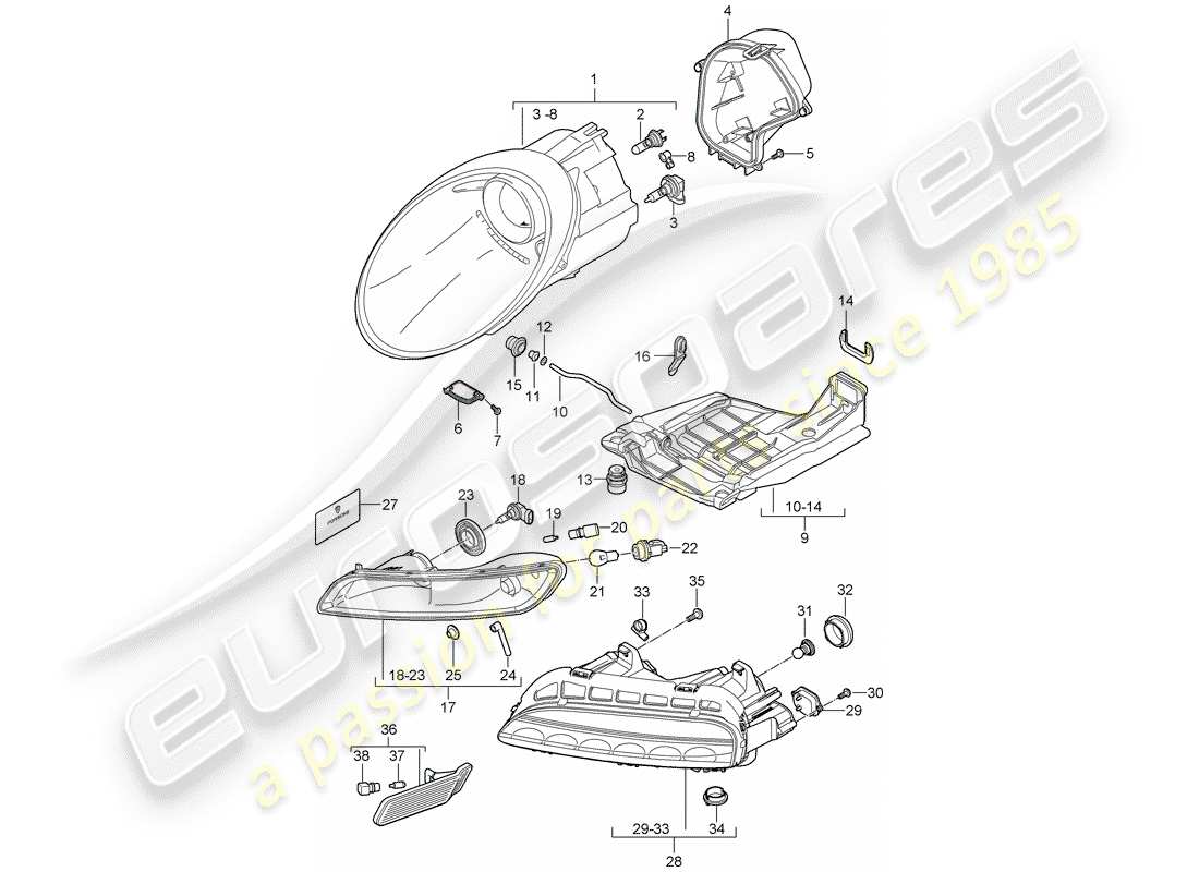 porsche 2008 (997-1 gt3) diagramma delle parti del faro