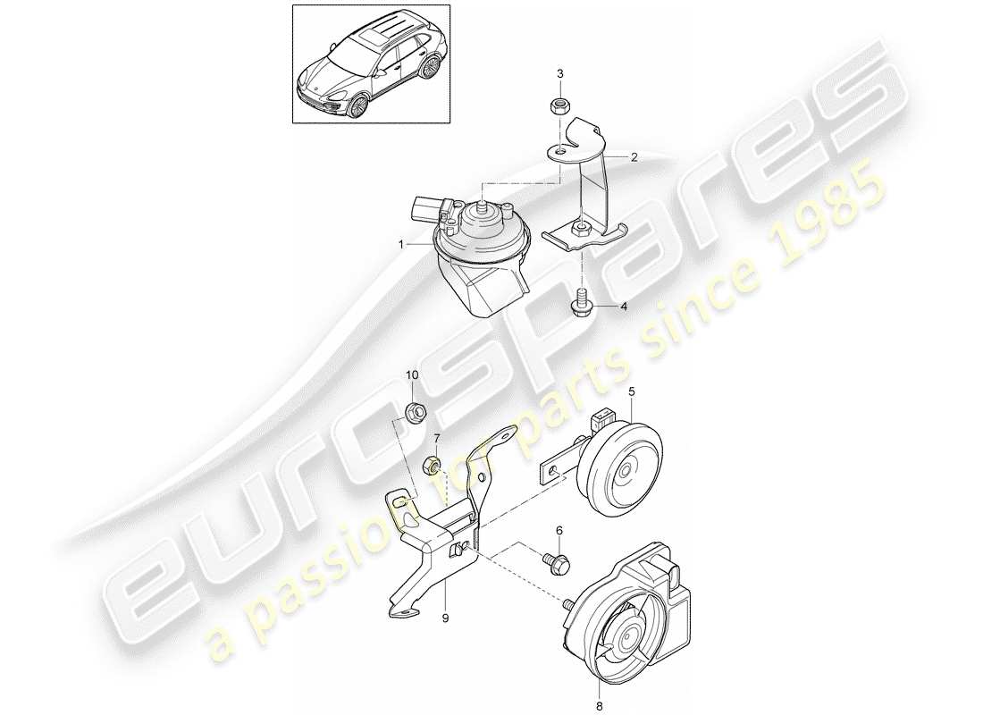 porsche 2014 (cayenne e2 92a) diagramma delle parti del corno della fanfara
