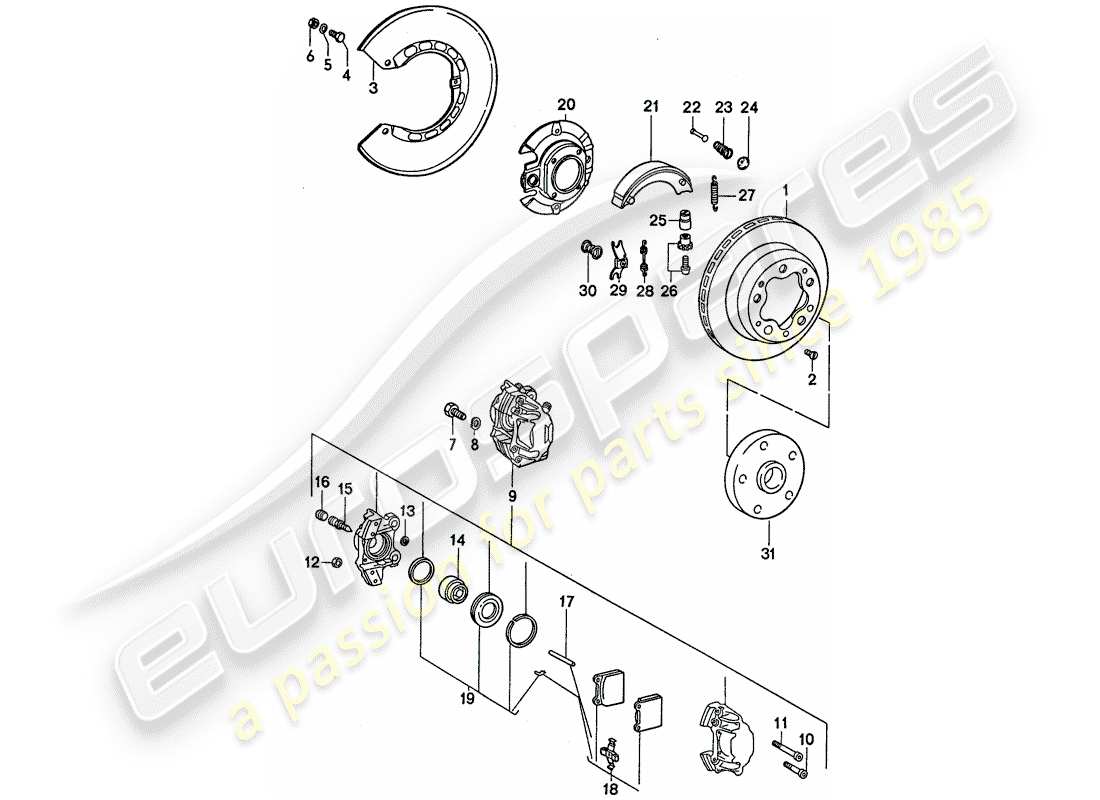 porsche 1975 (911) freni a disco - freno a mano diagramma delle parti