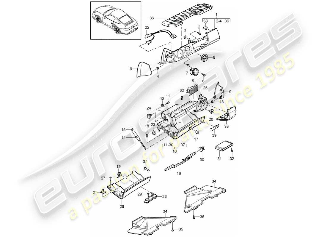 porsche 2013 (997-2 turbo / gt2 rs) diagramma delle parti del vano portaoggetti