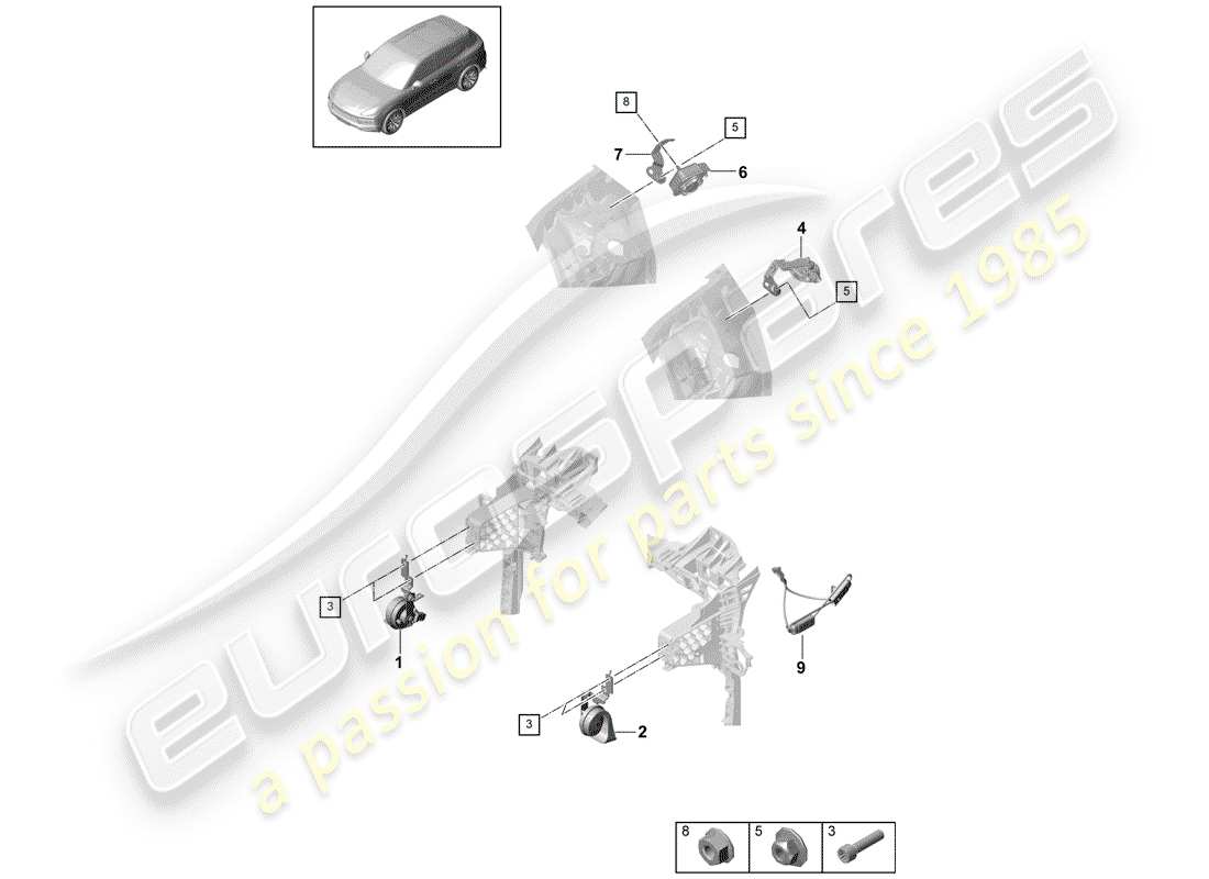 porsche 2019 (cayenne e3 9ya/9yb) corno di fanfara diagramma delle parti