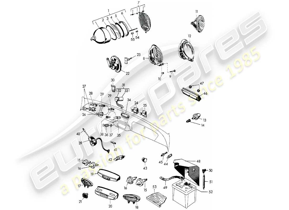 porsche 1954 (356/356a) proiettore - luci - e - interruttore - batteria schema delle parti