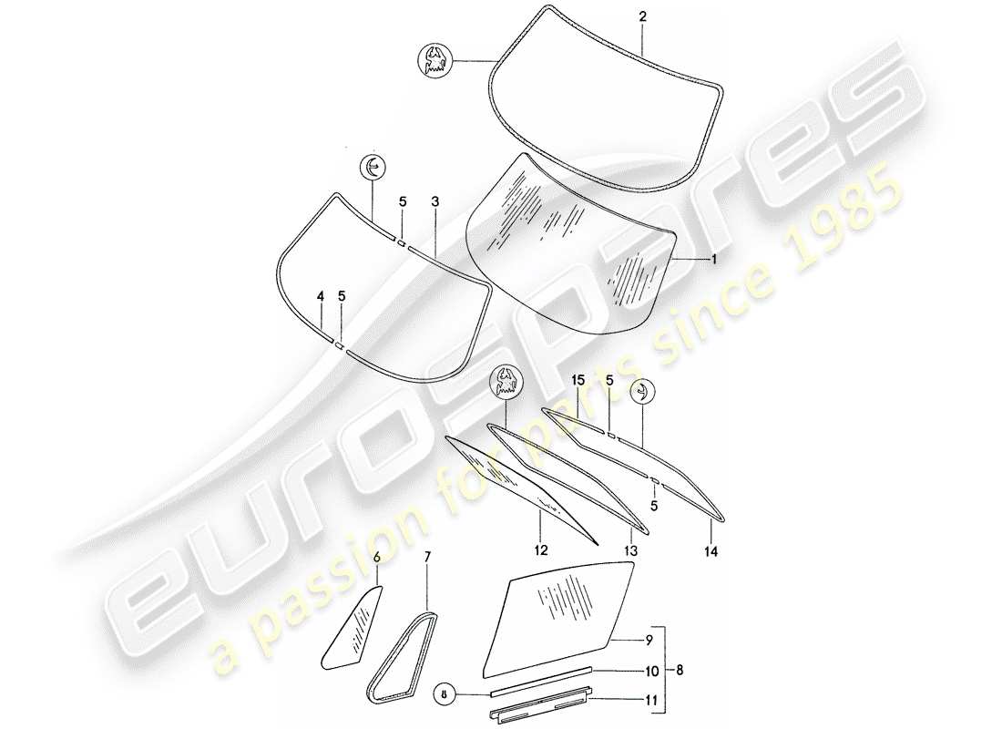 porsche 1977 (911) vetri della finestra diagramma delle parti