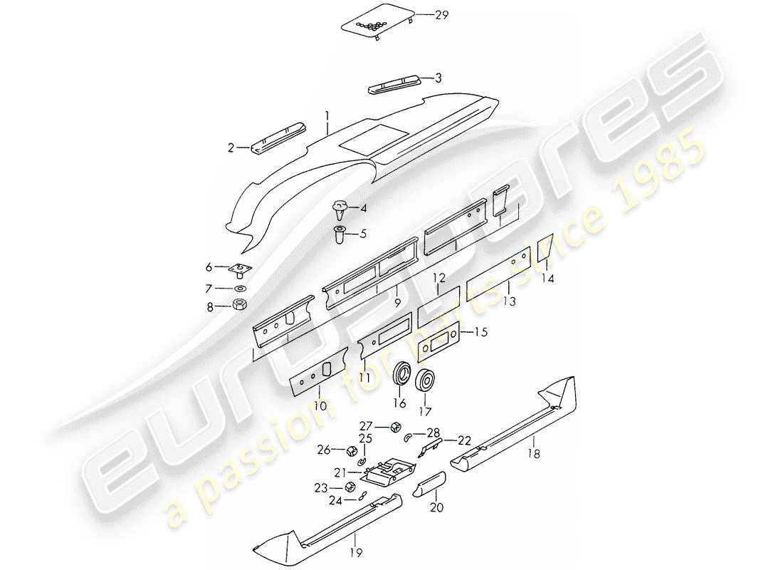 porsche 1973 (911) rivestimento del cruscotto - con: - posacenere - e - copertura di rivestimento schema delle parti
