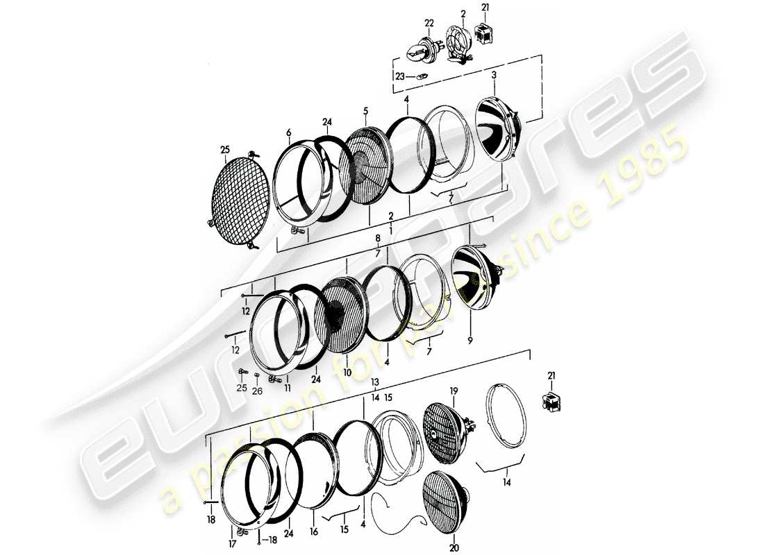 porsche 1963 (356b/356c) diagramma delle parti del faro