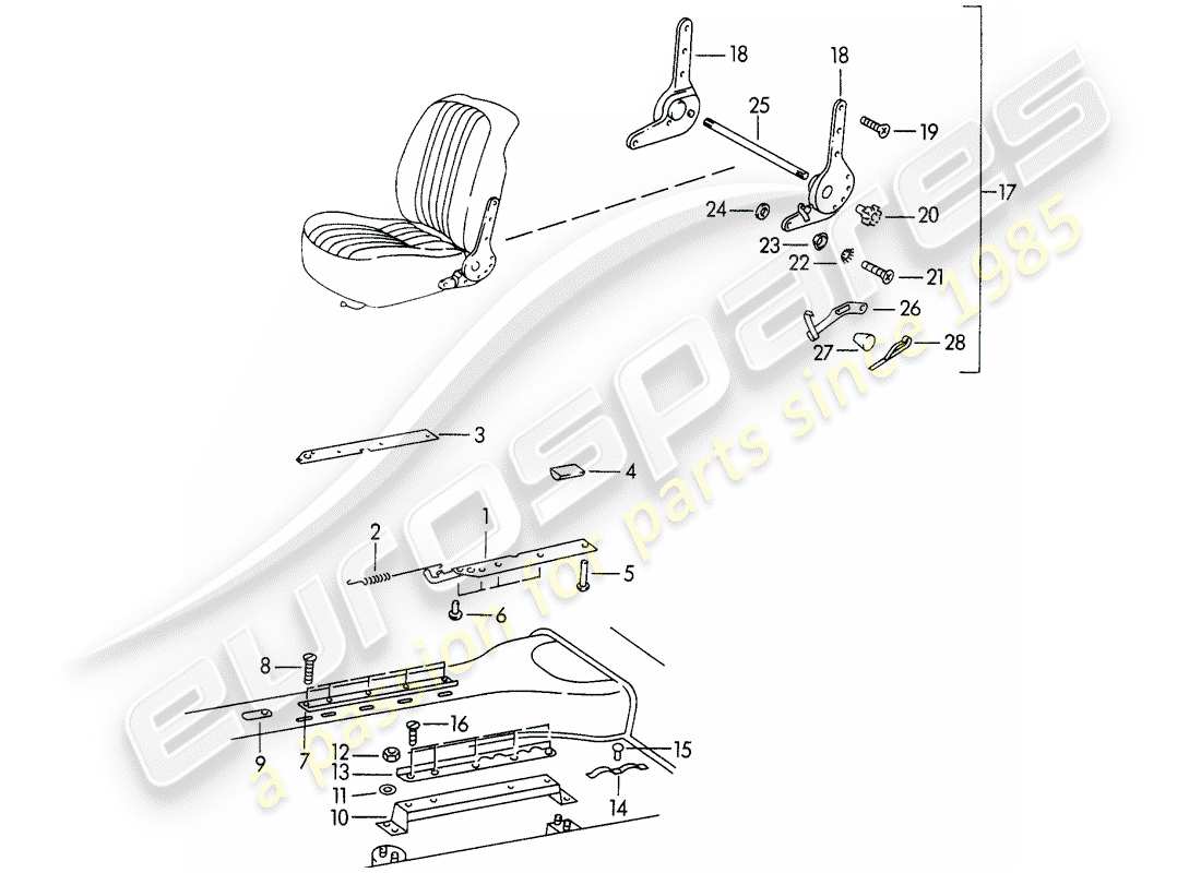 porsche 1963 (356b/356c) guida del sedile - supporto guida del sedile - e - meccanismo del sedile reclinabile diagramma delle parti