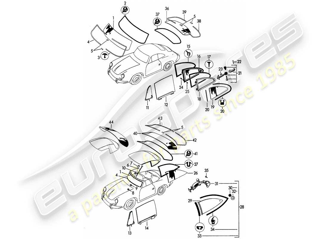 porsche 1963 (356b/356c) vetri della finestra diagramma delle parti