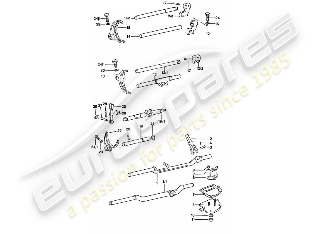 porsche 1974 (911) aste del cambio - forcelle del cambio diagramma delle parti