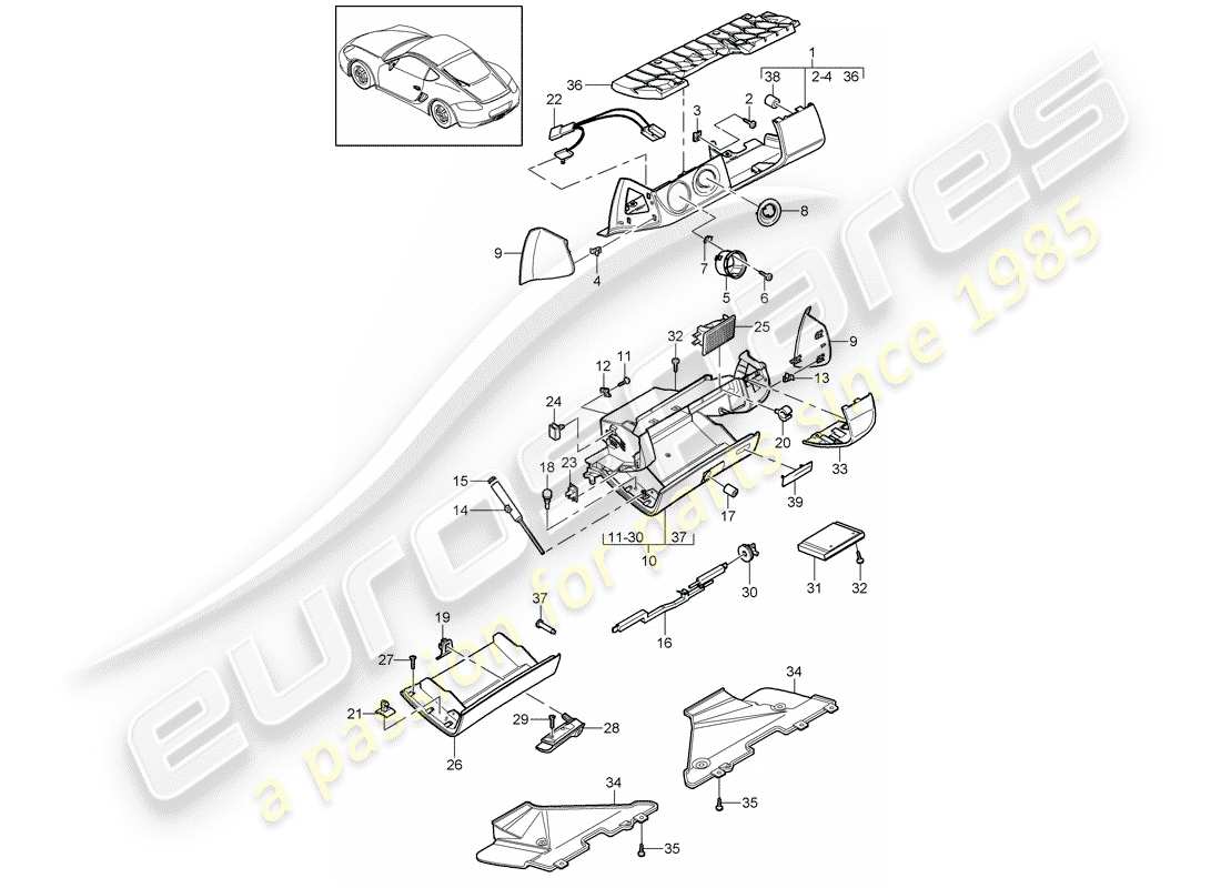porsche 2012 (987 cayman) scatola di guanti diagramma delle parti