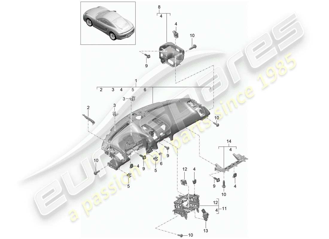 porsche 2016 (981 cayman) rivestimento del pannello del cruscotto diagramma delle parti