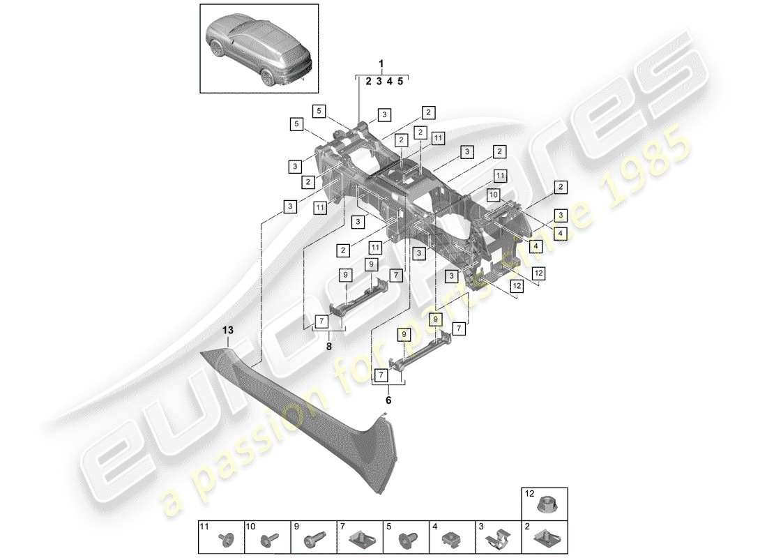 porsche 2020 (cayenne e3 9ya/9yb) console centrale diagramma delle parti