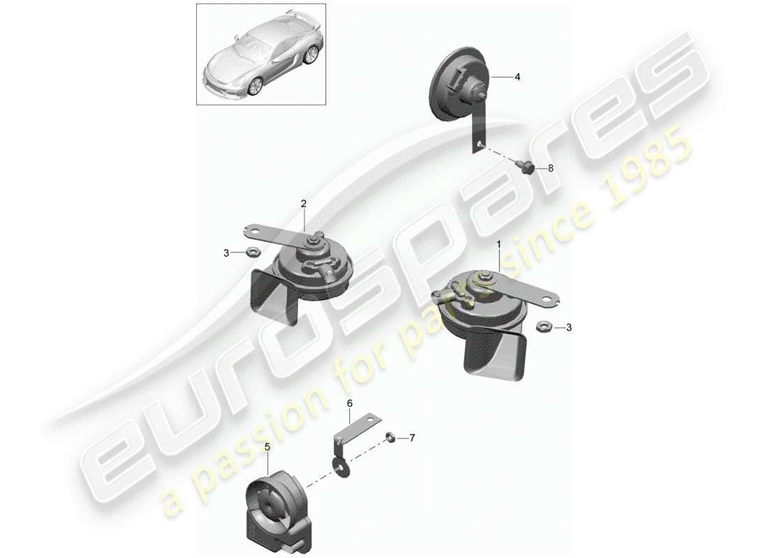 porsche 2016 (981 cayman gt4) diagramma delle parti del corno della fanfara