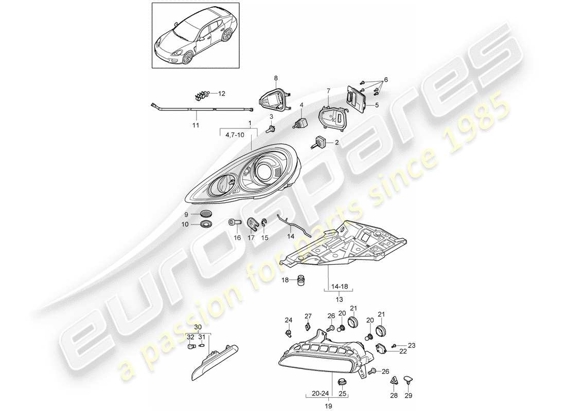 porsche 2013 (panamera 970) diagramma delle parti del faro