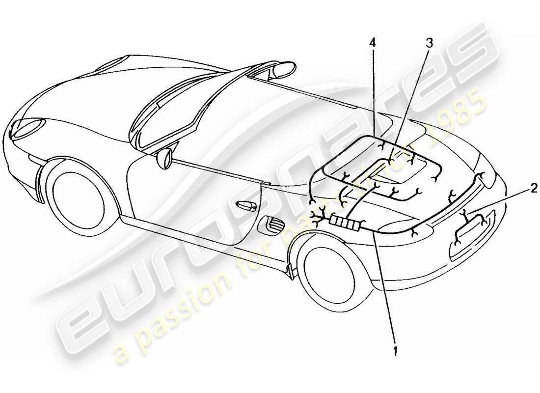 porsche 1999 (986 boxster) cablaggi - parte posteriore - luce targa - luce stop supplementare - motore - kit riparazione - impianto antibloccaggio freni -abs- - indicatore usura pastiglie freno - assale posteriore schema delle parti