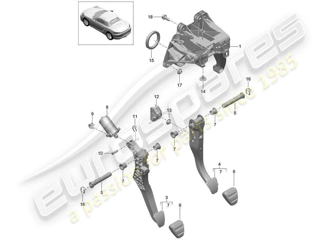 porsche 2017 (718 boxster) freno e acc. montaggio del pedale diagramma delle parti