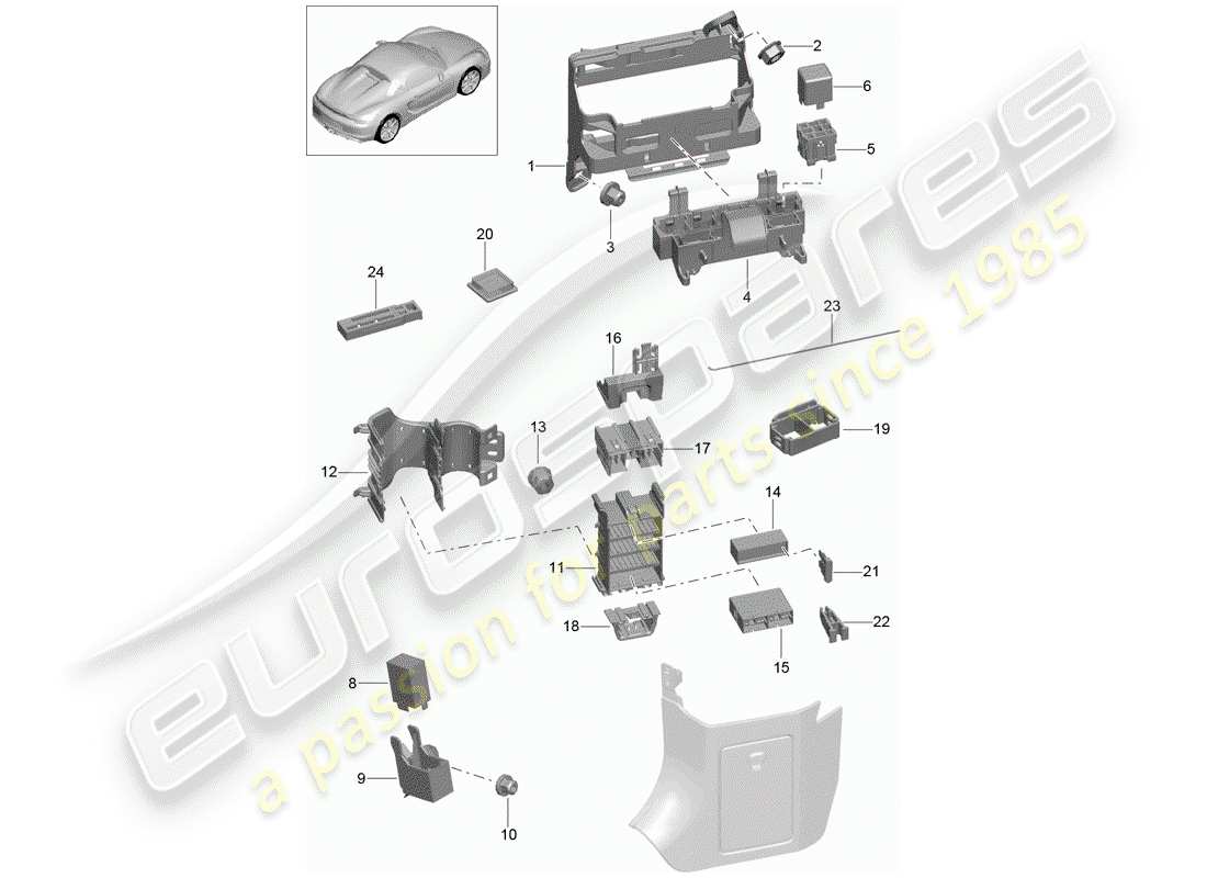 porsche 2016 (981 boxster spyder) scatola dei fusibili/piastra relè diagramma delle parti