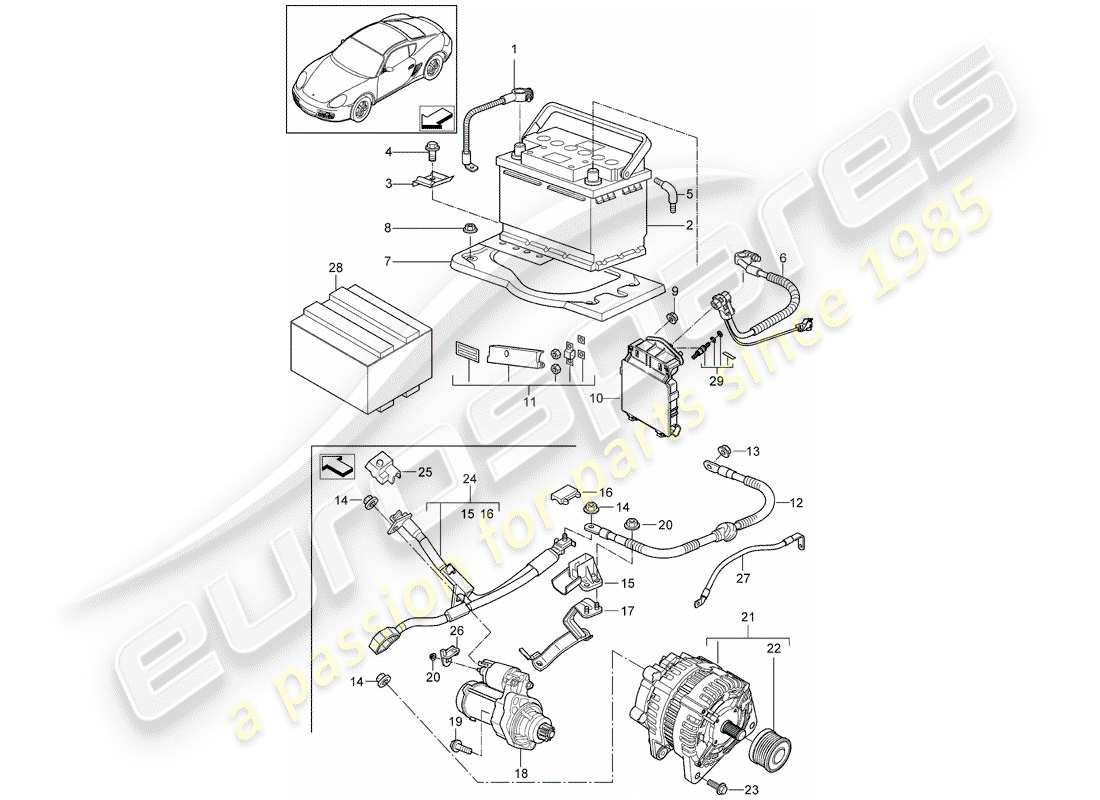 porsche 2012 (987 cayman) batteria diagramma delle parti