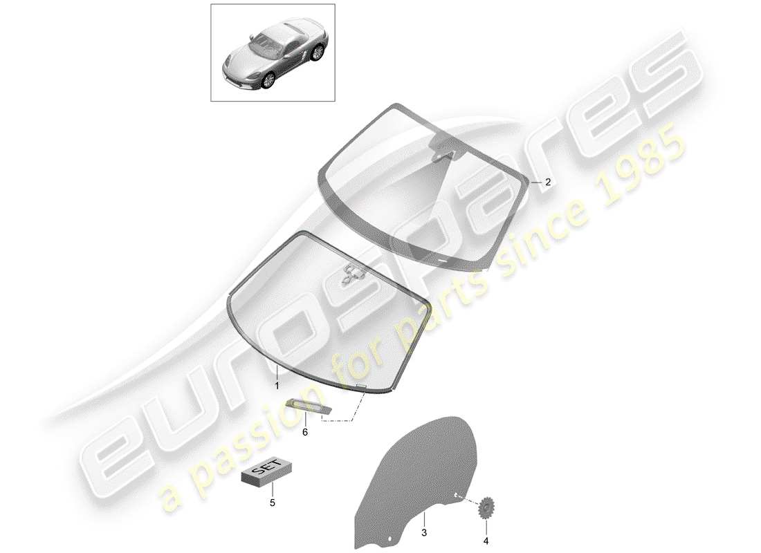 porsche 2017 (718 boxster) vetro del parabrezza diagramma delle parti