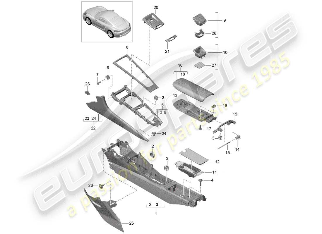 porsche 718 cayman (2020) schema delle parti della console centrale