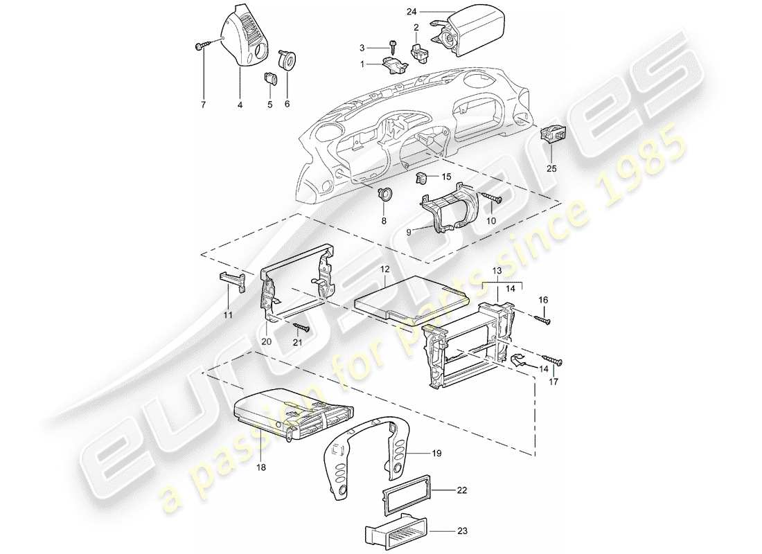 porsche 2001 (986 boxster) accessori - rivestimenti del cruscotto schema delle parti