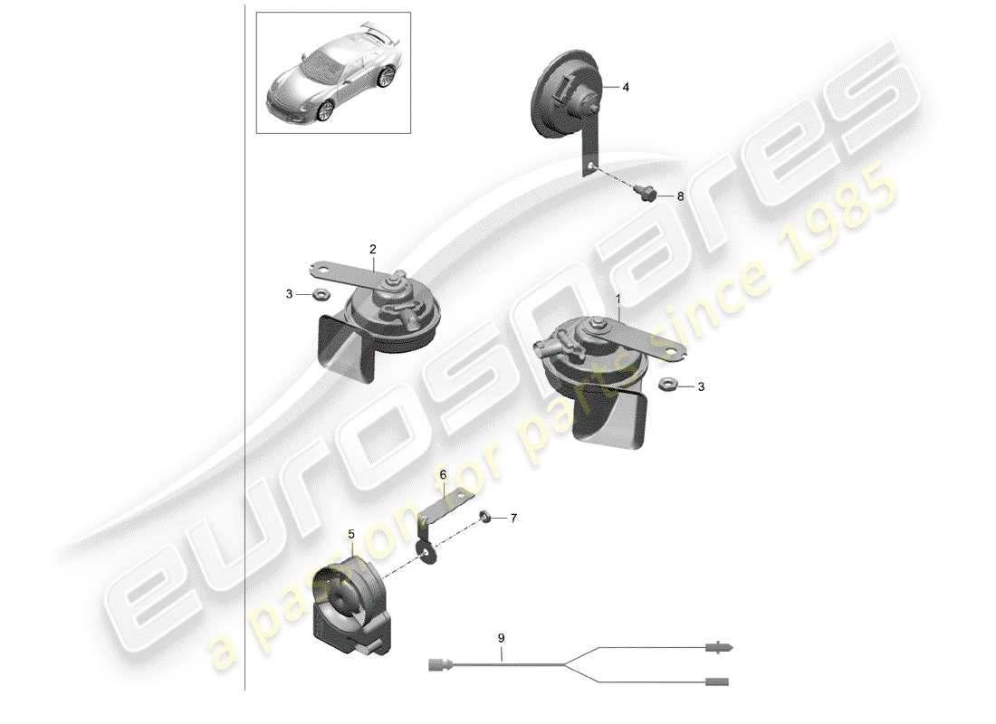 porsche 2016 (991-1 r/gt3/rs) diagramma delle parti del corno della fanfara