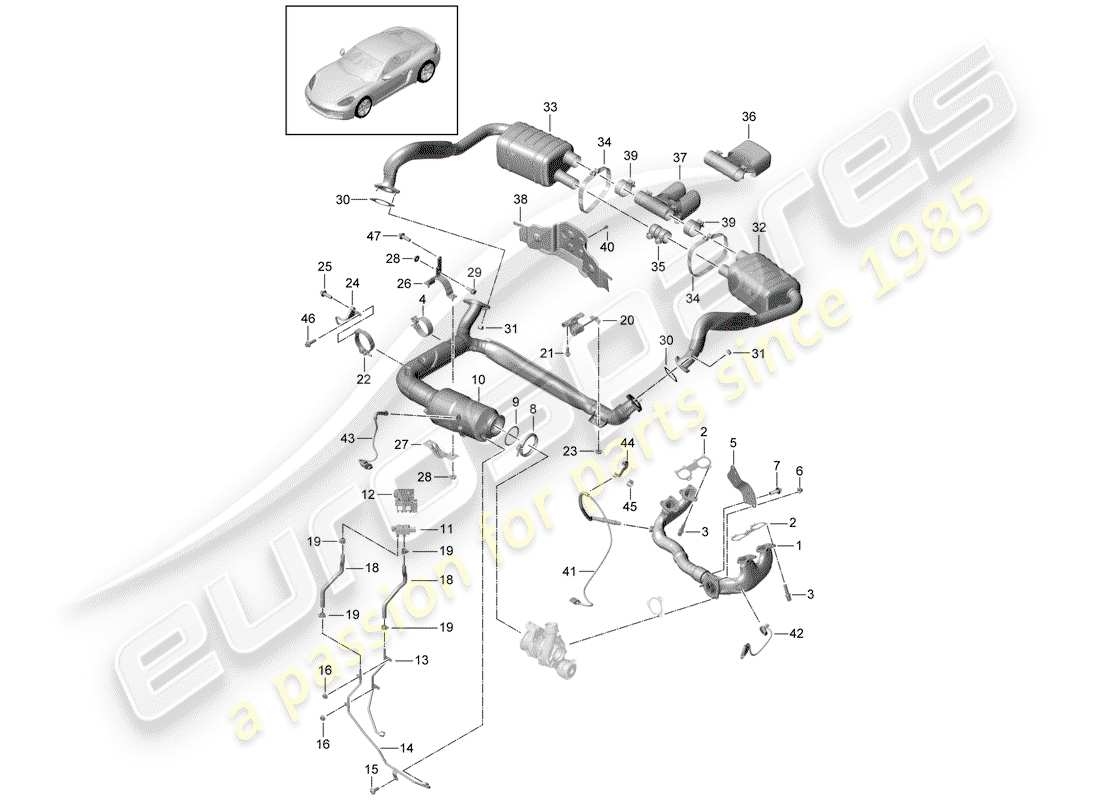 porsche 2017 (718 cayman) diagramma delle parti del sistema di scarico