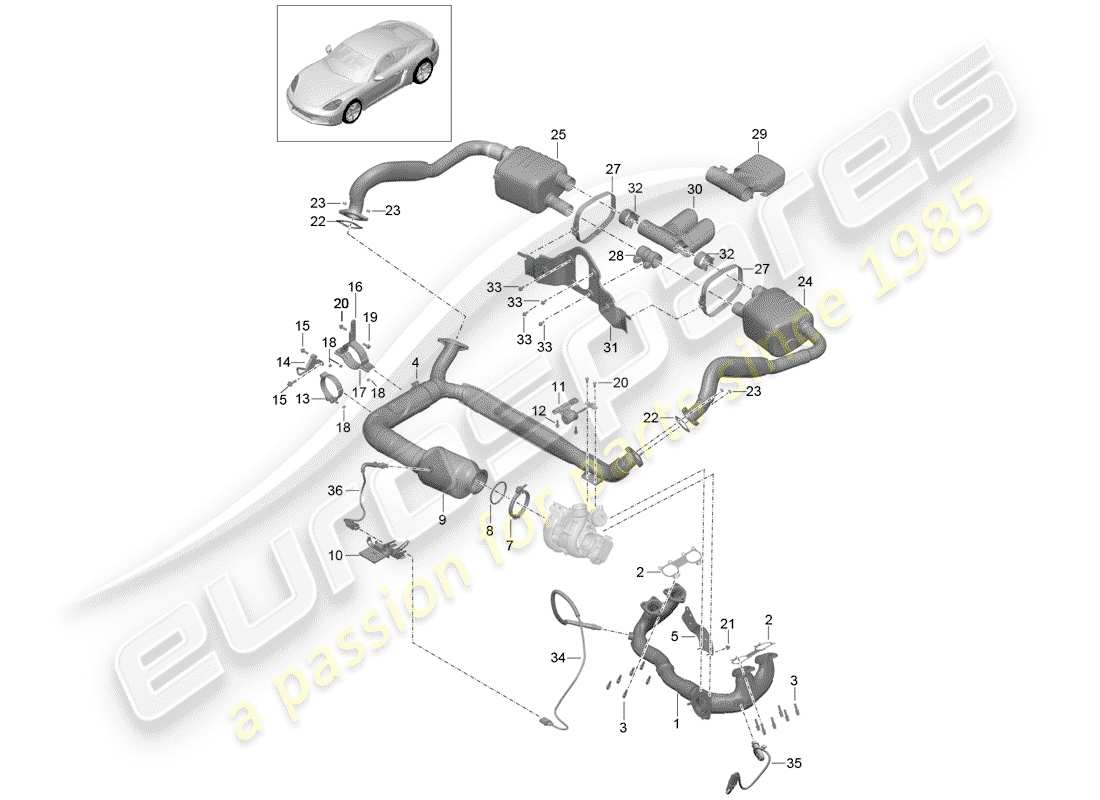 porsche 2017 (718 cayman) impianto di scarico diagramma delle parti