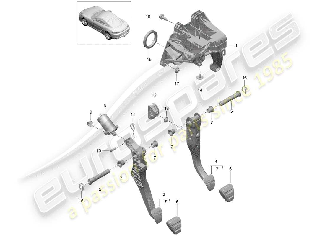 porsche 2018 (718 cayman) freno e acc. montaggio del pedale diagramma delle parti