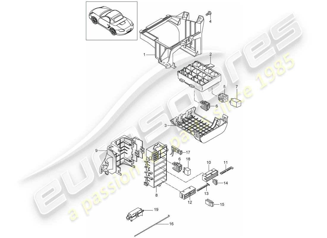 porsche 2010 (987 boxster) scatola dei fusibili/piastra relè diagramma delle parti