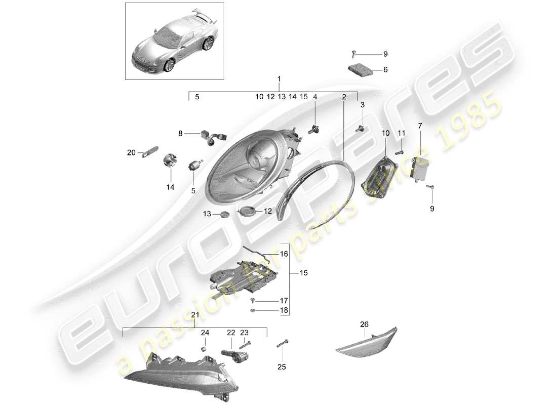 porsche 2019 (991-2 r/gt3/rs) diagramma delle parti del faro
