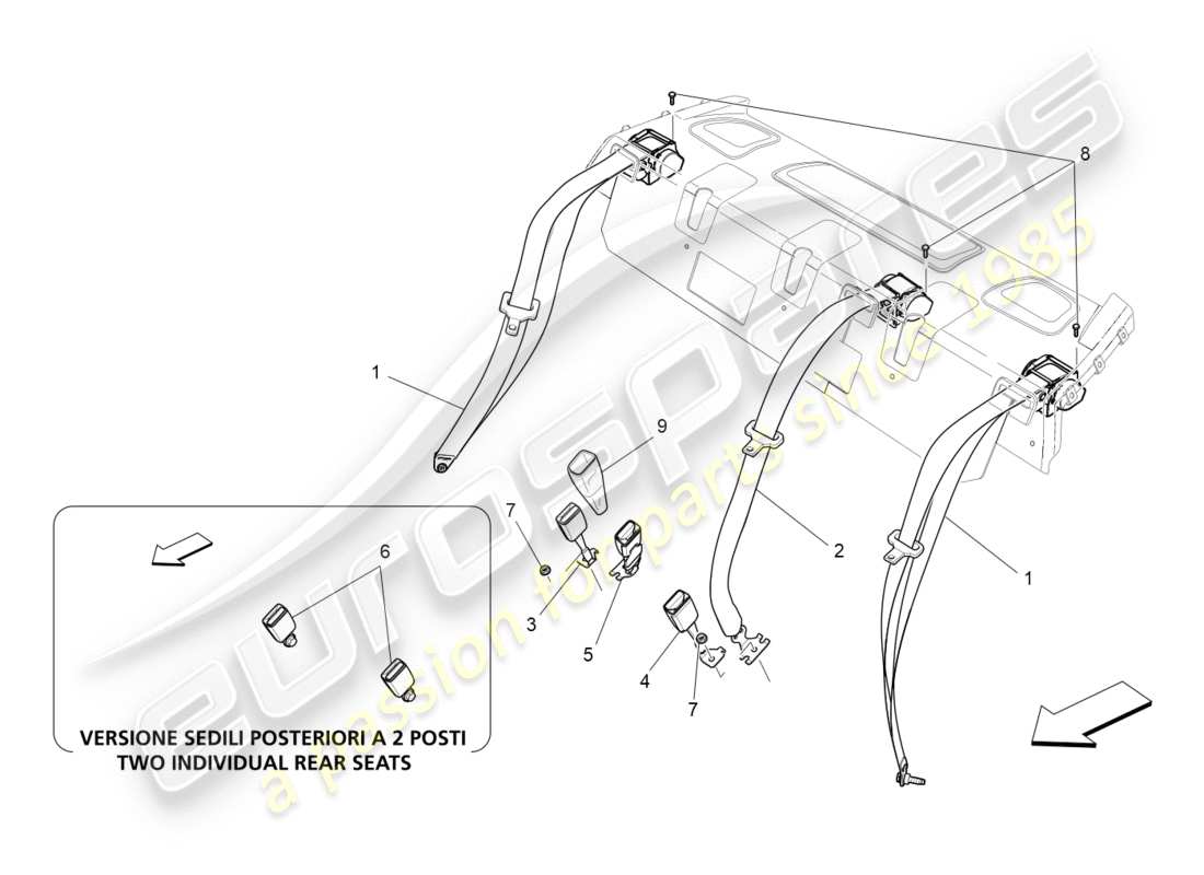maserati qtp 3.0 bt v6 410hp (2014) diagramma delle parti delle cinture di sicurezza posteriori