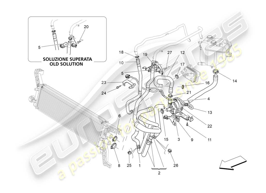 maserati qtp 3.0 bt v6 410hp (2014) sistema di raffreddamento: diagramma delle parti di nourice e linee
