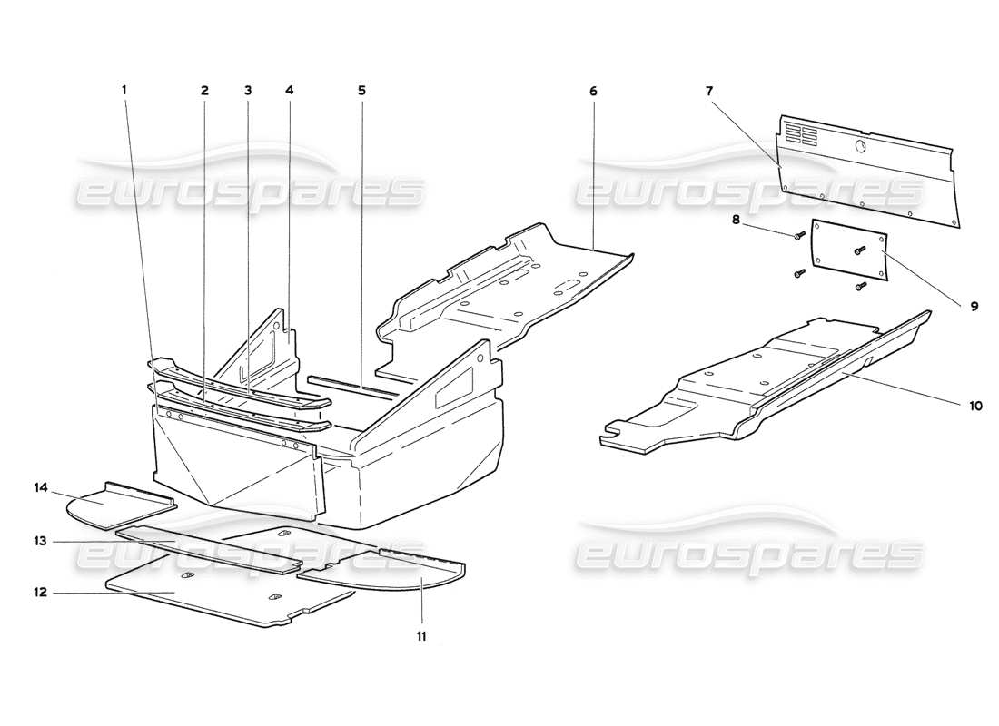 lamborghini diablo 6.0 (2001) diagramma delle parti dei pannelli del pavimento del telaio